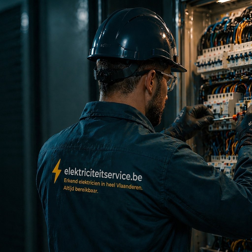 Elektricien van ElektriciteitService.be aan het werk in een schakelkast